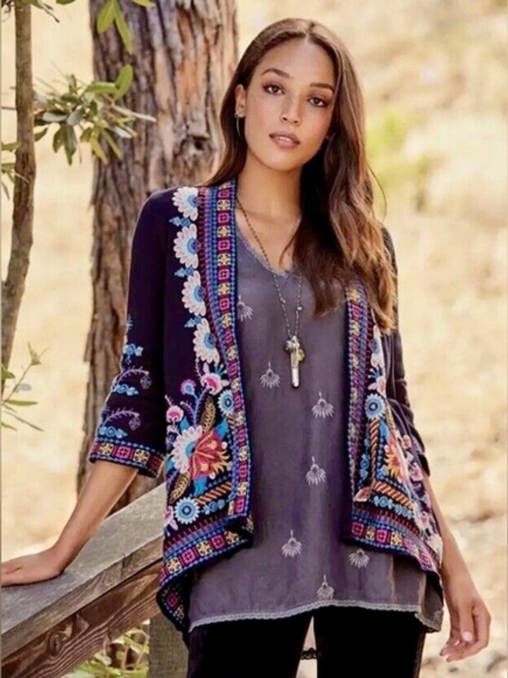 JOHNNY WAS Delphine Embroidered Draped Cardigan in Black